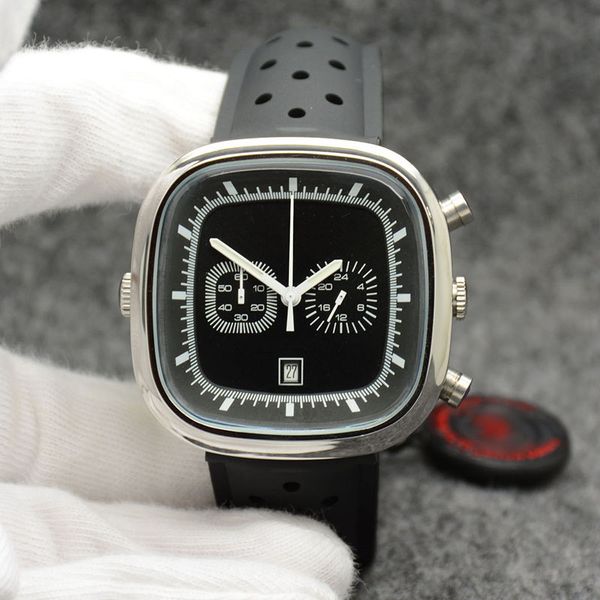 

Outdoor 44mm quartz chronograph tagheure men watche watch wri twatche quare black dial with black rubber band and high grade buckle