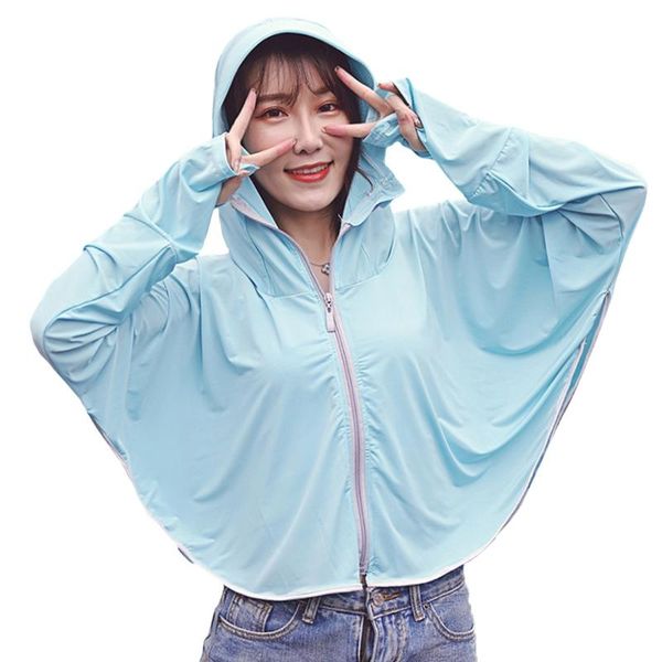 

women sleeve ice silk hooded breathable fashion quickly dry solid sun protection clothing zipper closure face cover, Black