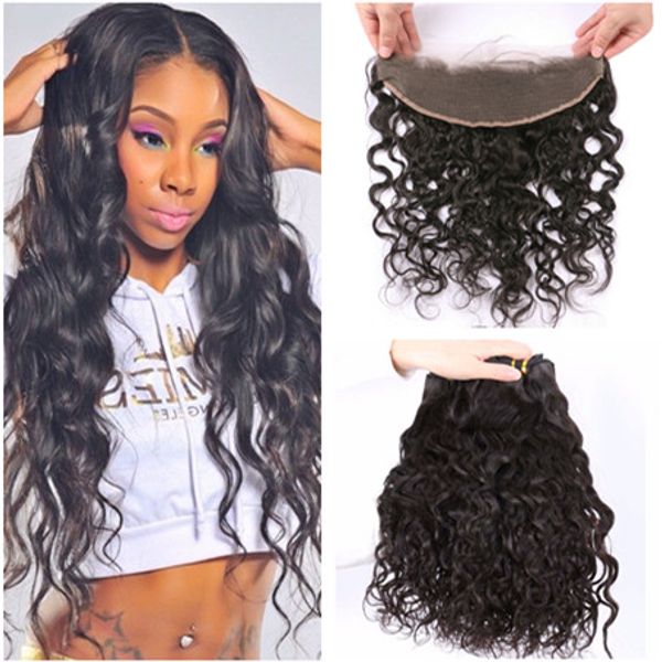 

peruvian water wave human hair weft extensions with frontal wet and wavy ear to ear 13x4 lace frontal closure with weaves 3bundles, Black;brown