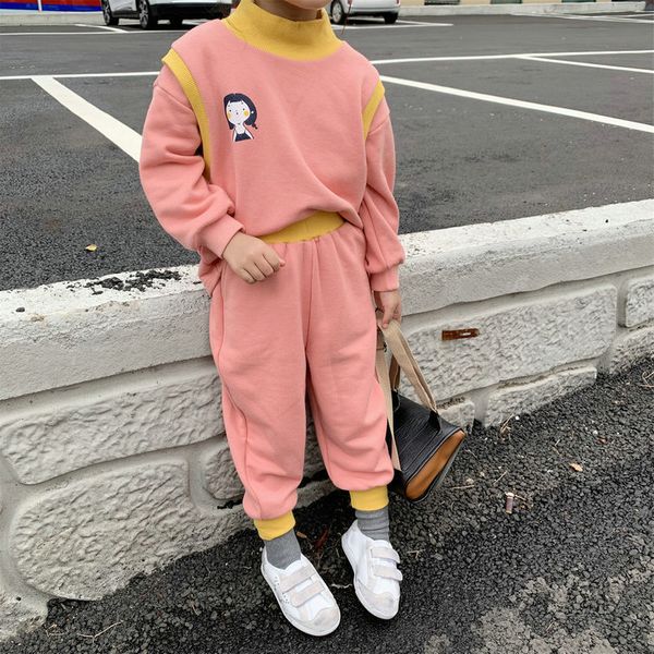 

autumn winter fashion girls cartoon patchwork contrasting thread clothes sets 2-6 years kids fleece inside sports suits t200526, White