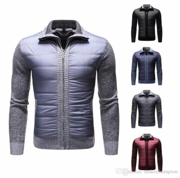 

solid color mens winter down thick long sleeve knit mens new panelled cardigan mens coat, Black