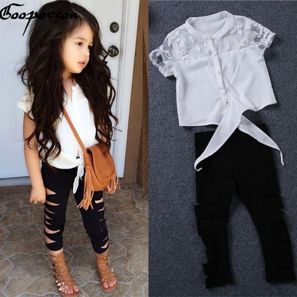 

girls clothes set summer white lace shirt ripped leggings baby girl clothing set fashion brand outfits kids clothes suit holes y190518