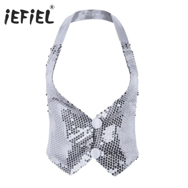 

women shiny sparky sequins backless halter neck vest waistcoat jazz dance costumes tank cocktail party clubwear for adult, Black;white