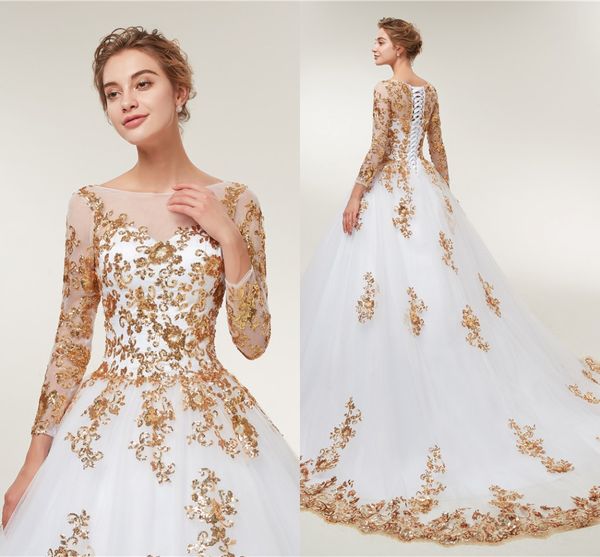 Gold Pailletten Spitze Brautkleider A-Linie Langarm Bateau Lace-up Party Brautkleider Hochzeitskleid Maßgeschneiderte lange formale Dres266H