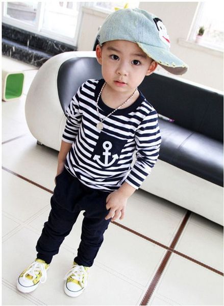 

toddler kids baby boy anchor striped t-shirt +marine pants trousers outfits 2pcs boys long sleeve stripe outfit clothing set, White