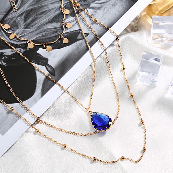 

4 layers waterdrop crystal stone pendant chain necklace multi-layer heart charm collar choker for women jewelry gift, Silver