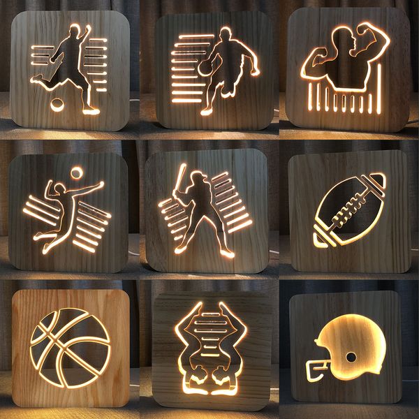 

3d baseball soccer american football volleyball basketball bodybuilding yoga wooden carving night light led lampada