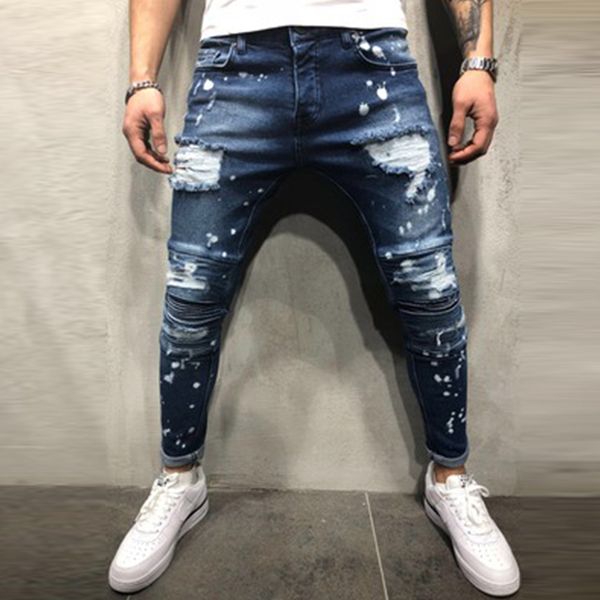 

колено дыры мужские джинсы мужские сращивание падение чернила краски точки тела ремонта high street брюки повседневные узкие sweatpants мужс, Blue