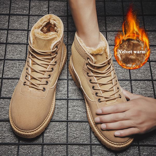 

plush winter men shoes nice hiking ankle snow boots waterproof shoes outdoor man lace-up men british boots winter, Black