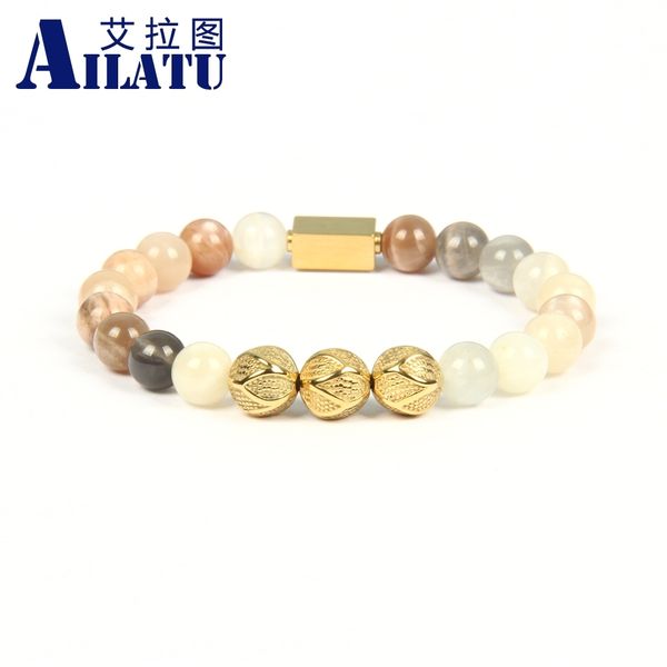 

ailatu new gold beads natural sunstone & crazy onyx stone energy bracelets pulseira masculina jewelry for men, Golden;silver