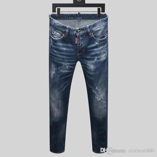 

мужские проблемные синие узкие джинсы модный дизайнер slim fit промытые мотоциклетные джинсовые брюки обшитые панелями хип хоп мотоцикл мужс, Blue
