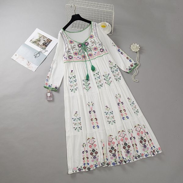 

bohemia holiday long dress national style heavy industry theme costume ethnic clothing embroidery flower round neck tie loose flowing sand d, Red