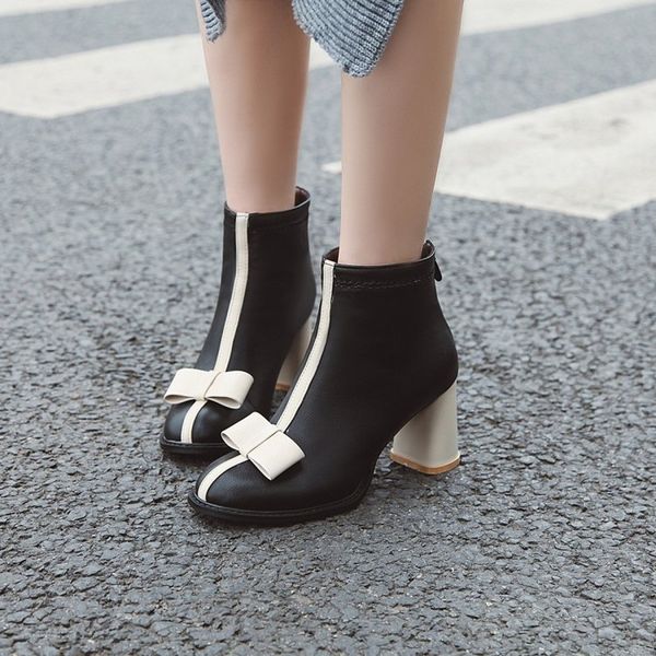 

us4-11 womens bowknot ankle boots block high heel warm winter snow fleece liner shoes plus size c820, Black