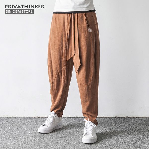 

sinicism store cotton linen embroidery harem pants men jogger pants male casual spring drawstring flare cross trousers, Black