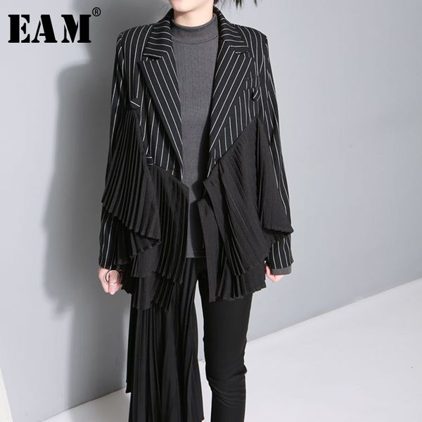 

eam] 2019 новый осень зима лацкан с длинным рукавом черный полосатый нерегулярные плиссированные стежка куртка женщины пальто мода прилив j, Black;brown