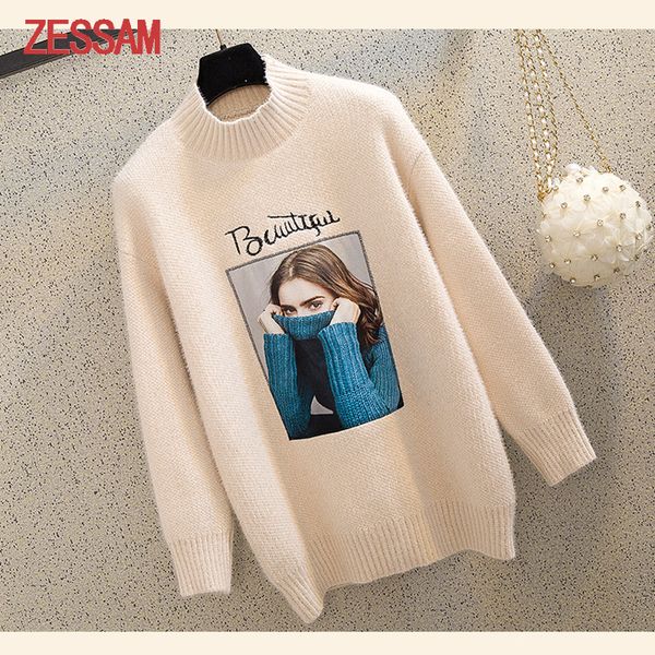 

autumn korean imitation snow velvet embroidered half-high collar pattern women's sweater thick warm casual elegant sweater, White;black