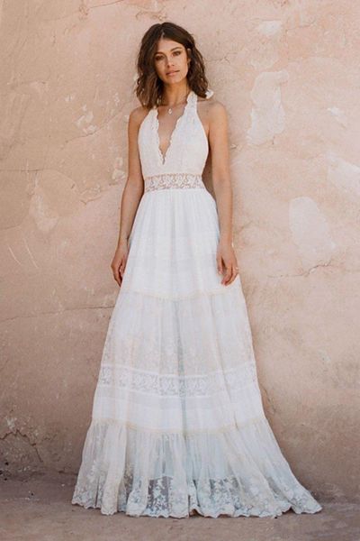 2020 neue Vintage Böhmische Spitze Abendkleider Retro Halfter V-Ausschnitt Backless Freies Schiff Hippie Country Style Brautkleid