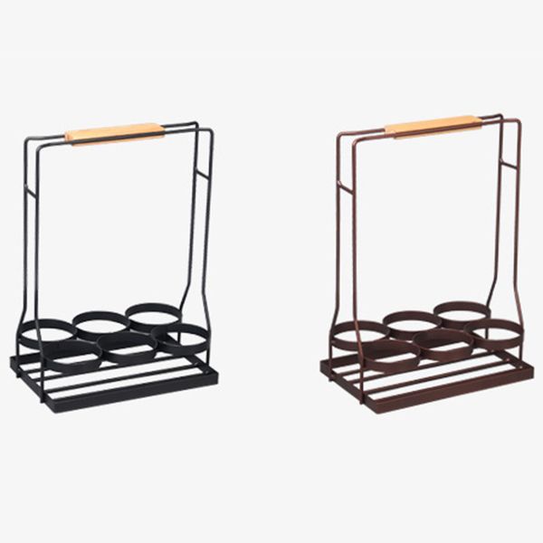 

6 bottle wine caddy sturdy black coated frame protects bottles.real natural wood handle folds for compact storage