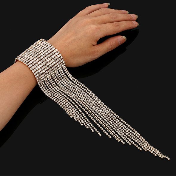 

luxurious exaggeration rhinestone wedding shine women crystal tassel chain charming delicate bracelet bangle party jewelry gift, Golden;silver