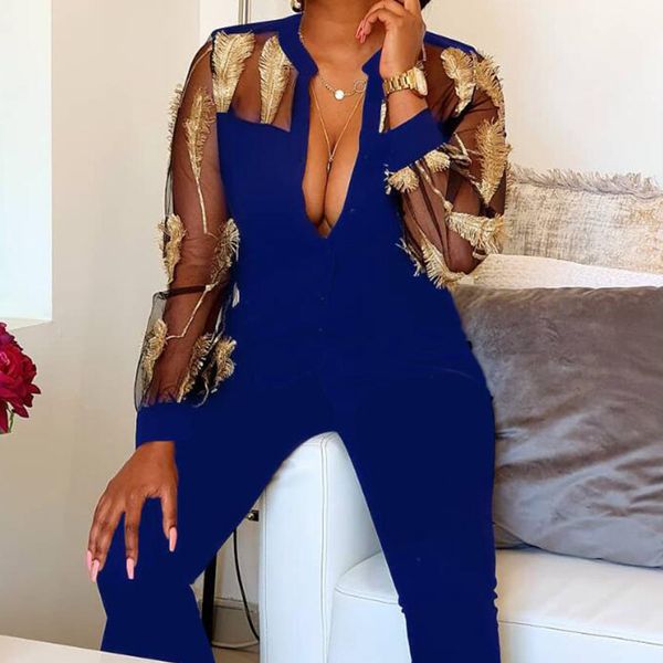 

перья дизайн застегнутая передняя сетка с длинным рукавом комбинезон женщины комбинезоны повседневная цельная спецодежда уличная одежда, Black;white