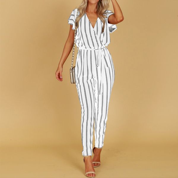 

womens jumpsuit 2019 summer deep v neck party jumpsuit women high waist striped overalls short sleeve long pocket turnip bodysuit, Black;white