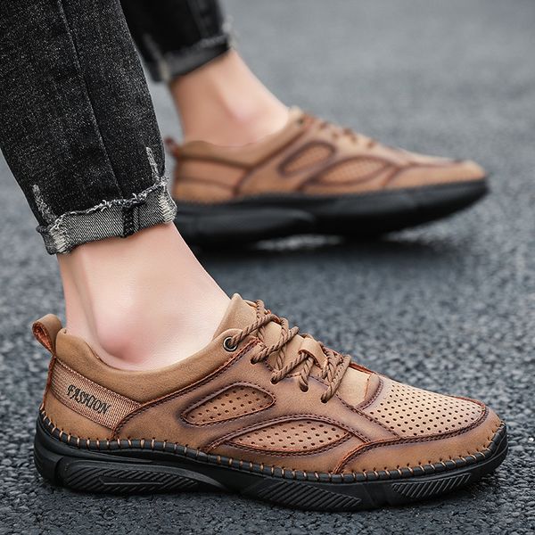 

light handmade genuine leather hiking shoes men comfortable leisure flat sneaker breathable non-slip wear-resistant
