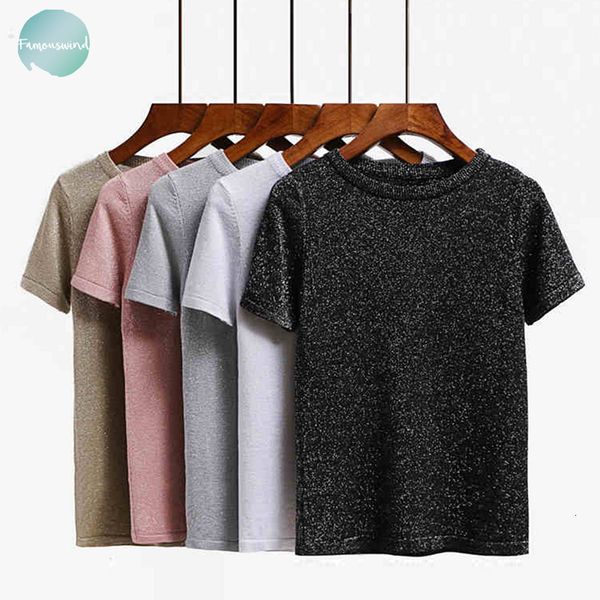 

knitted short summer t shirt women solid casual sleeves t shirt breathable elasticity kintwear o neck female tshirt, White