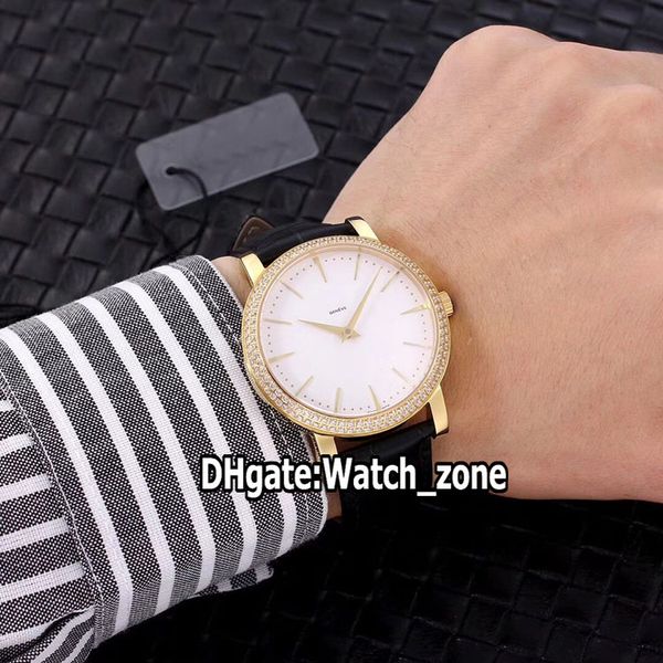 

new patrimony 18k yellow gold case 81180/000j-9118 white dial miyota 8215 automatic mens watch diamond bezel sapphire leather strap watches, Slivery;brown