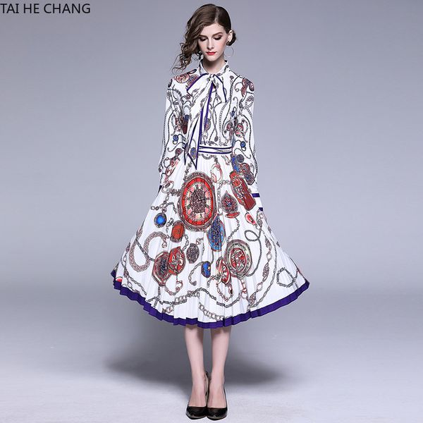 

2019 Women Long Sleeve Dress Fashion Retro Spring Summer Elegant Bodycon Vintage Party Runway Print Bow Midi Pleated Summer