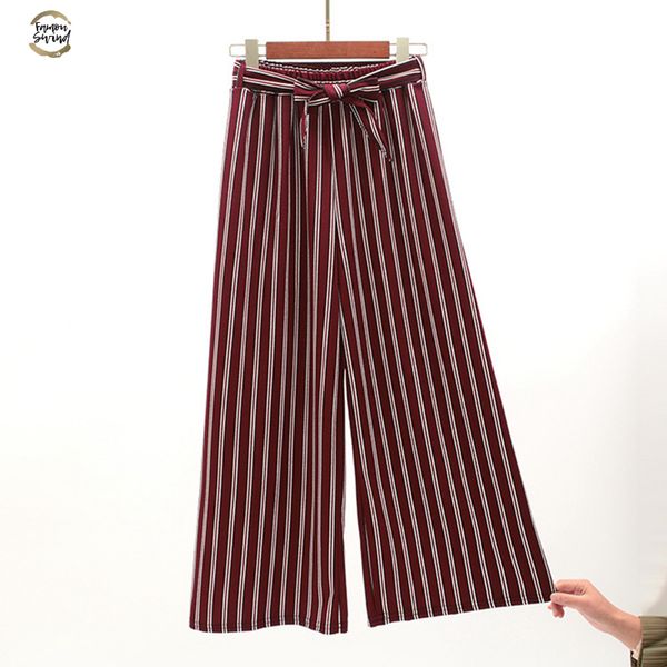 

summer 2019 bohemian style striped wide leg pants bow ties decorate ankle length trousers women loose casual female pants, Black;white