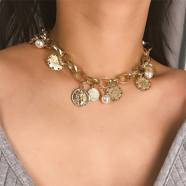 

retro portrait carved coin choker necklace vintage sun flower imitation pearls pendant punk chain necklace jewelry, Silver