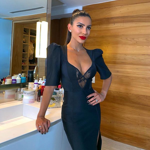 

black party nighclub women hollow out half sleeve lace v neck dress bodycon split bandage dress vestidos fashion clothes, Black;gray