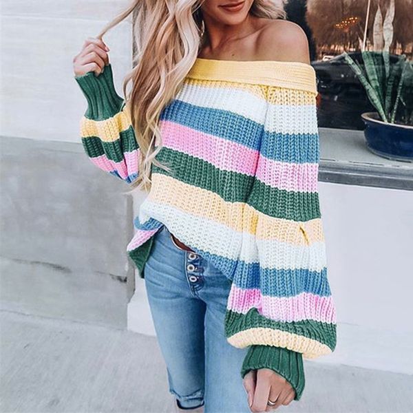 

feitong knitted women sweaters strapless shoulder sweater women oversize patchwork rainbow stripe sweater 7#3a1, White;black