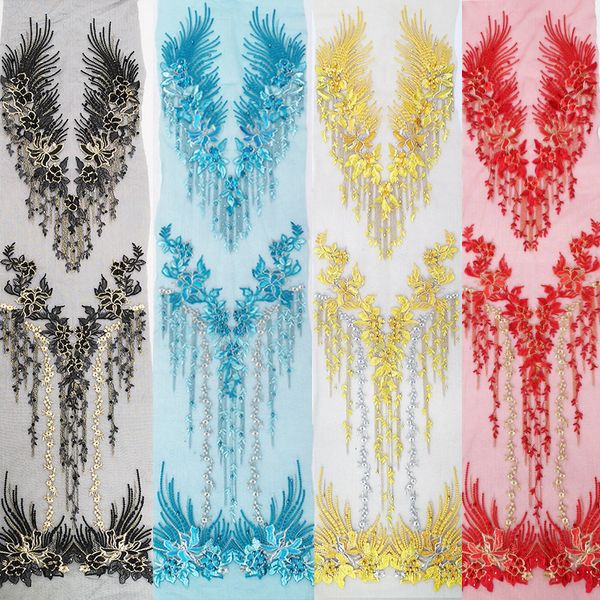 

long mesh diamond nail bead phoenix tail flower embroidery cloth lace decal wedding party evening dresses clothes decoration accessories, Black;red