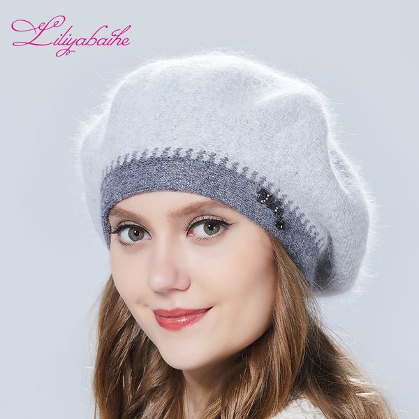 

liliyabaihe winter women beret with lurix double warm hat knitted wool angora beret hat, Blue;gray