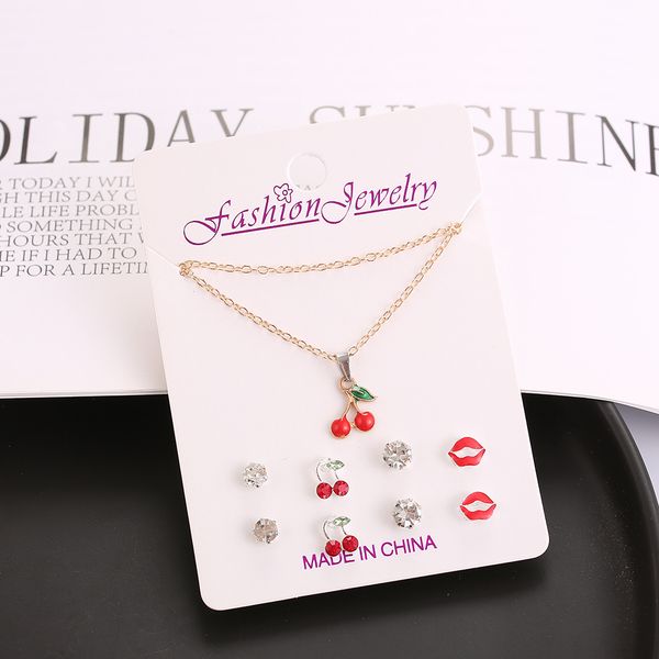 

2019 new fashion jewelry set for women cute cherry necklace creative lips crystal stud earrings (1 necklace+4 pairs earrings, Silver