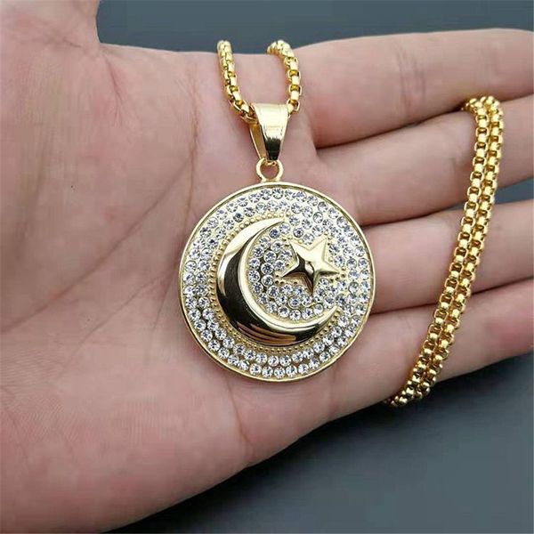 

muslim crescent moon and star pendant stainless steel round necklace hip hop iced out women men islamic jewelry dropshipping, Silver