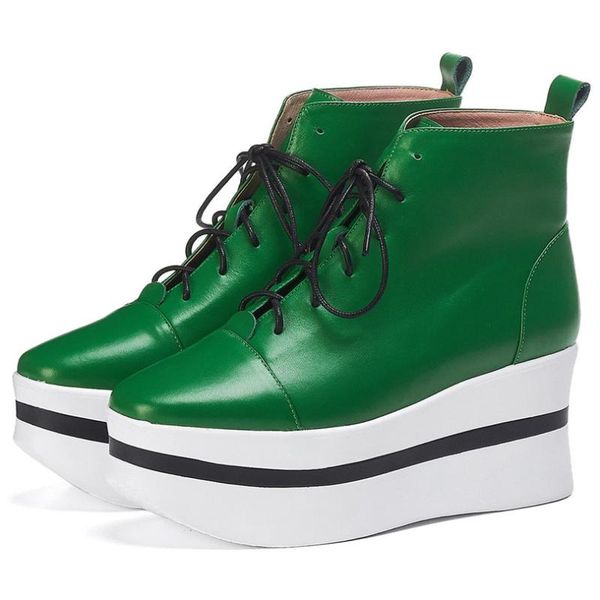 

punk goth women's genuine leather ankle boots high heel platform creepers chunky oxfords casual party round toe lace up, Black