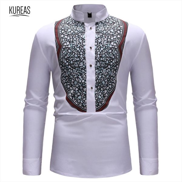 

kureas men african clothing dashiki shirts ethnic print casual blouse long sleeve fashion slim africa clothes, Red