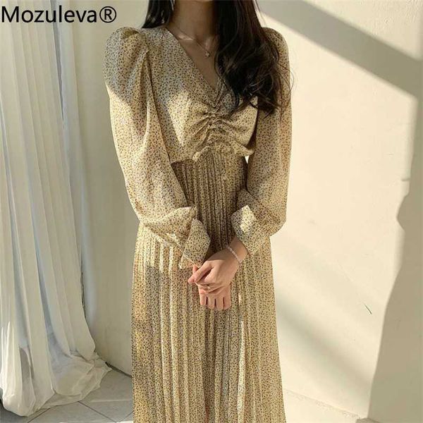 

mozuleva chic floral print women dress 2020 v-neck lace up pleated dress female high waist ruched a-line chiffon femme, Black;gray