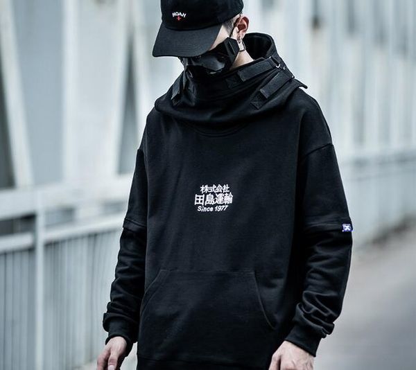

fish mouth japanese embroidery fleece hoodies 2019 winter japan style hip hop casual sweatshirts streetwear men hoodie, Black
