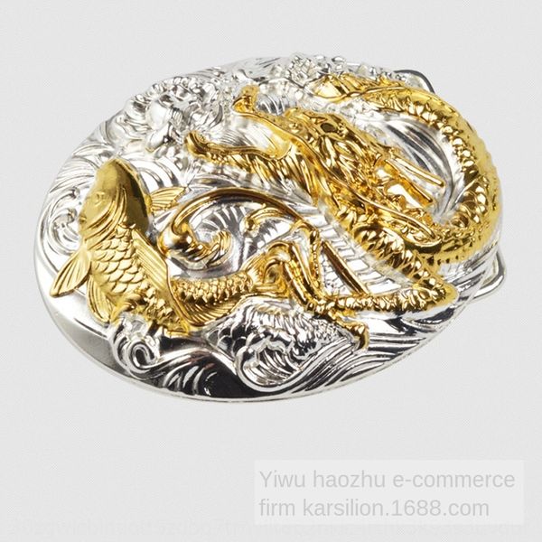 

silver ball gold dragon fish pure copper yellow copper buckle western dragon totem belt belt feng shui plate buckle, Slivery;black