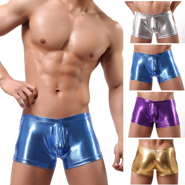 

2018 nightclub underwear men's shorts boxers u convex patent leather solid male brand man underpants gay size s-xl, Black;white