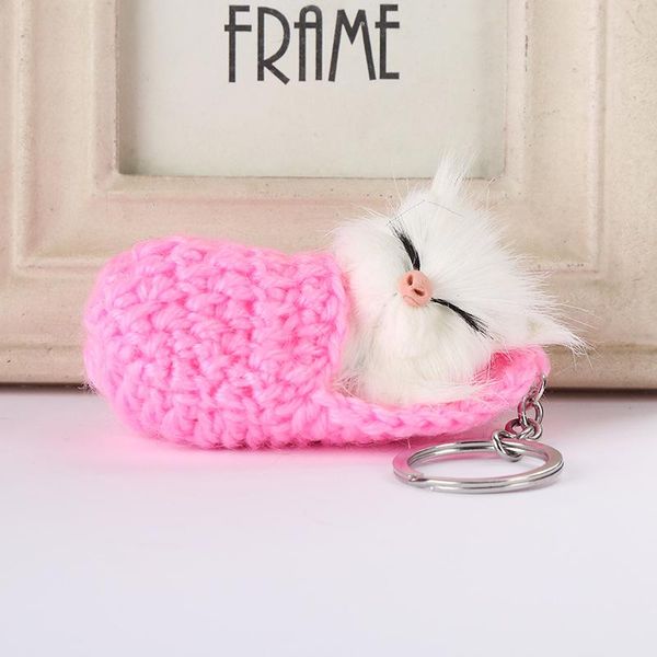 

sleeping cat pompom keychains 7colors women girls handmade woven shoes faux rabbit fur kitten key chains ring fluffy bag charms keyring, Slivery;golden