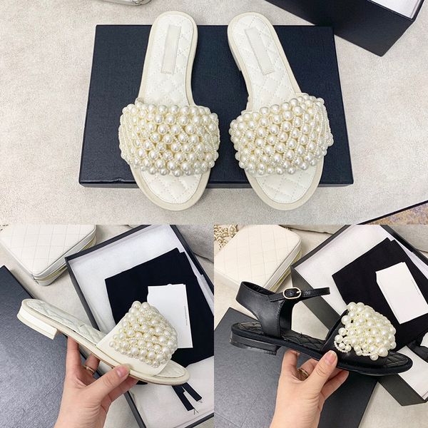 

designer womens sandals shoes luxury white black pearl slipper flat fashion with box size 35-40