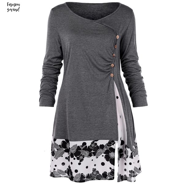 

plus 5xl blouse draped floral long tunic shirts long sleeve o neck buttons embellished women casual spring tee, White