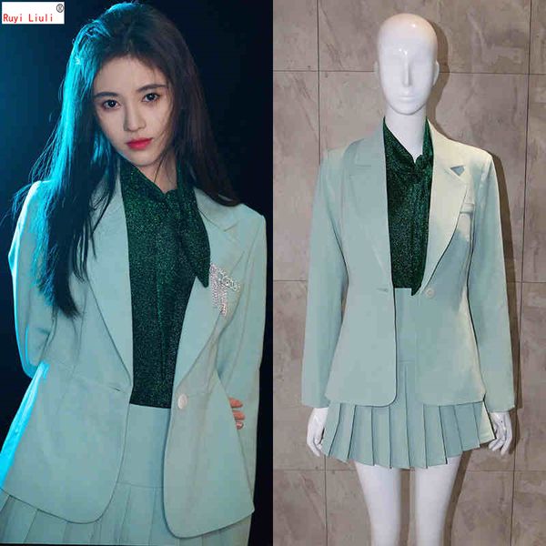 

2019 new mint green small suit pleated skirt suit school style, White;black