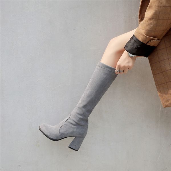 

2018 autumn stretch flock mid calf tall ridding boots female high block heel shoes black beige plus size fashion botas