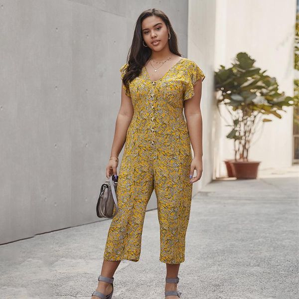 

whzhm flower jumpsuits flower printed loose short sleeve buttons v-neck floral yellow party plus size 3xl 4xl women jumpsuits, Black;white