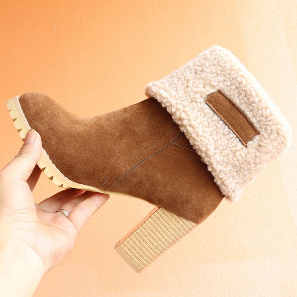 

women's winter boots fashion suede round toe high-heeled warm snow shoes boots snow ankle ladies shoes new style, Black